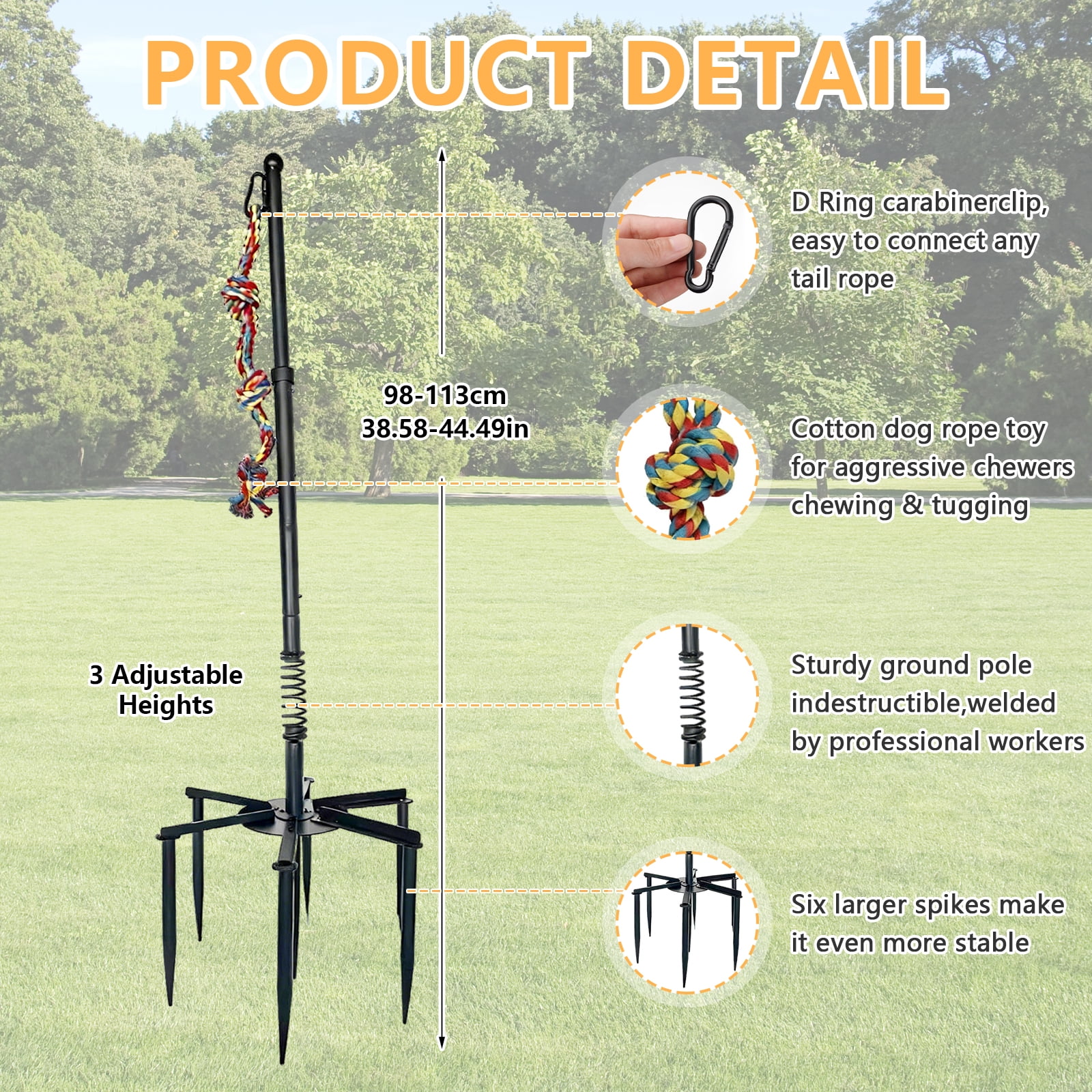 JDNRXO Adjustable Outdoor Dog Toy for Solo Play - 38.58"-44.49" Height with 6 Heavy-Duty Ground Stakes (11.81" Depth) & 1 Rope Toy for Backyard, Lawn, Park