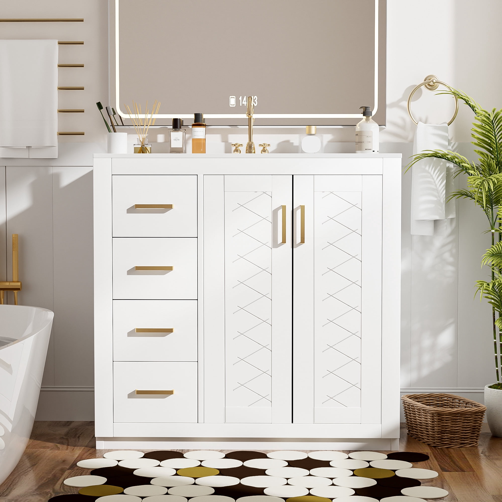 Euroco Bathroom Vanity with Ceramic Undermount Sink, Solid Wood Frame, 3 Drawers & Cabinet Storage, Soft-Close Doors