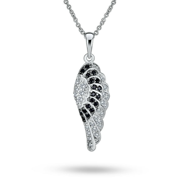 Bling Jewelry Womens Two Tone CZ Angel Wing Feather Dangle Pendant Necklace Silver Plated