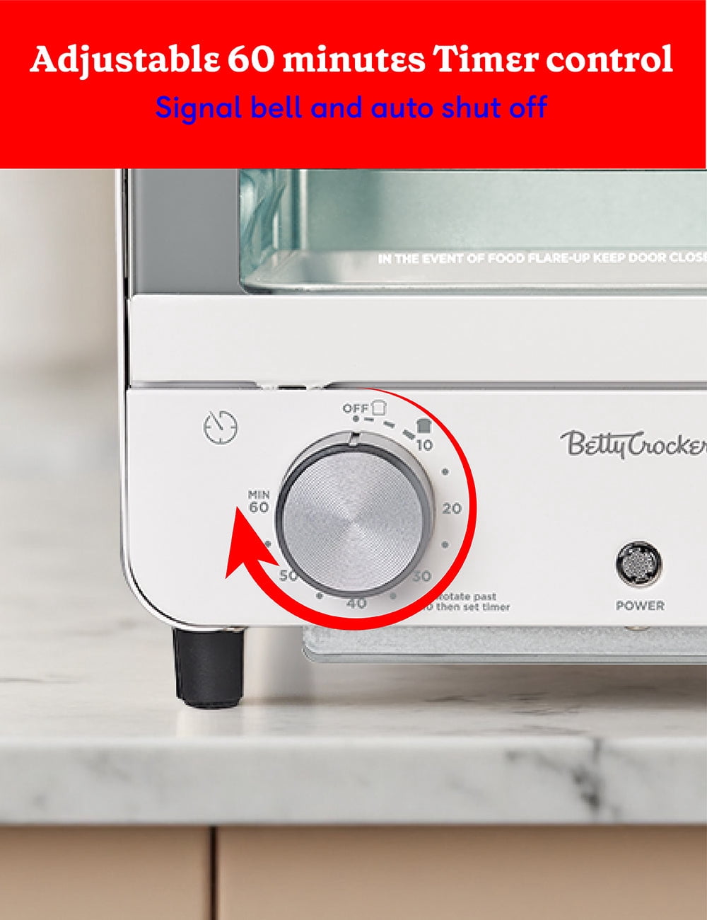 Betty Crocker Mini Toaster Oven, Compact Countertop Oven for Dorms, RVs, Apartments, 7-Liter Capacity, 750W, Adjustable Timer, Includes Baking Tray & Rack, BC-5629W, White/Gray