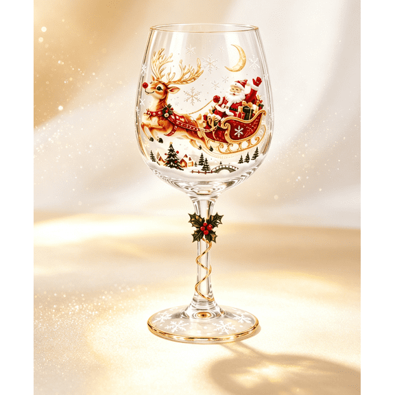 Night Scene Santa Reindeer Stemmed Wine Glass, Snowflake Accent Goblet, Artistic Holiday Drinkware for Home Christmas Party Gift