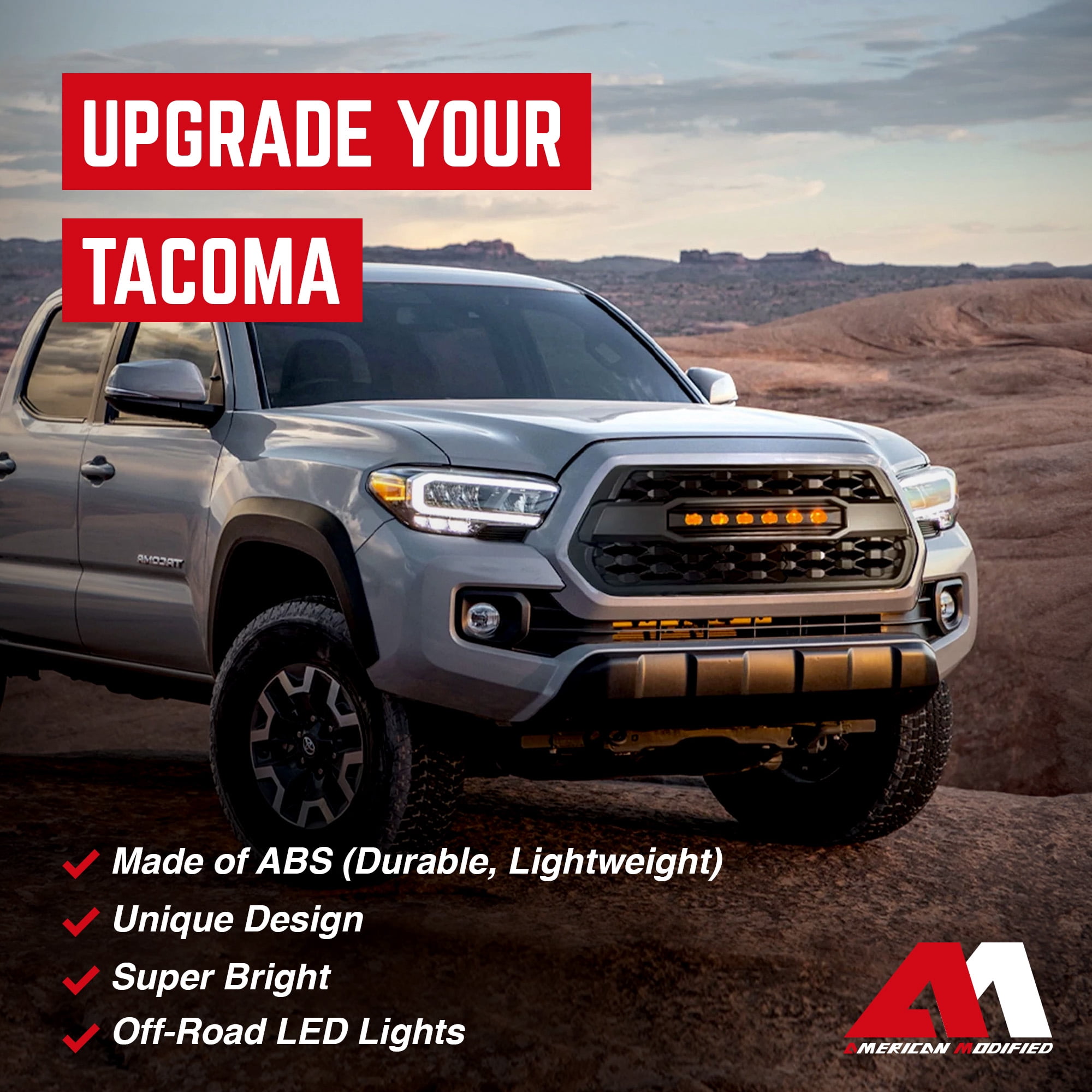 AMERICAN MODIFIED Pro Grille w/ Off Road Lights for 2016-23 Tacoma, Black