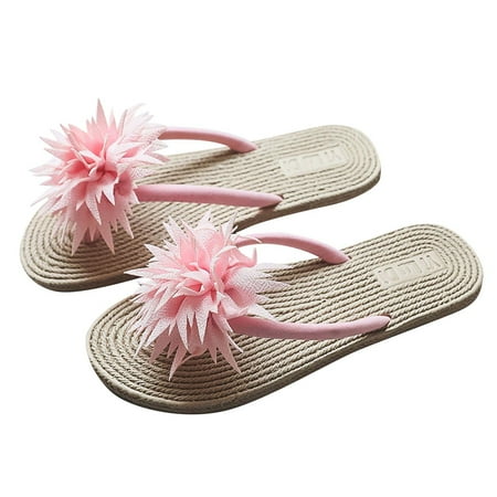 

Felirenzacia Summer Ladies Imitation Straw Flip Flops Flowers Flat Beach Flip Flops