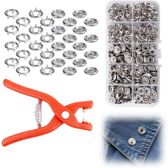 Metal Snap Buttons with Fastener Plier Tool Kit, Snap Replacement Kit for Fabric, Metal Buckle and Pressure Pliers, for DIY Crafts Clothes Hats and Sewing (Silver Buckle Plastic Pliers, 50)