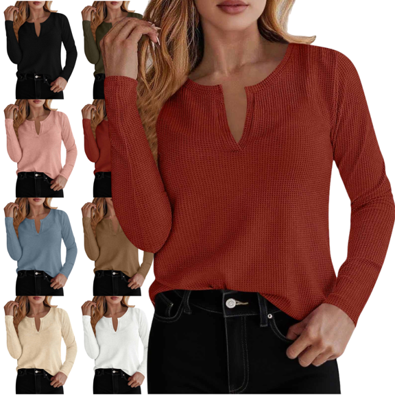 Mifsaly Waffle-Knit Tops for Women Keyhole Neck Long Sleeve T-Shirts Business Soft Comfortable Blouse Casual Loose Fit T-Shirts Going Out Fashion Streetwear Red