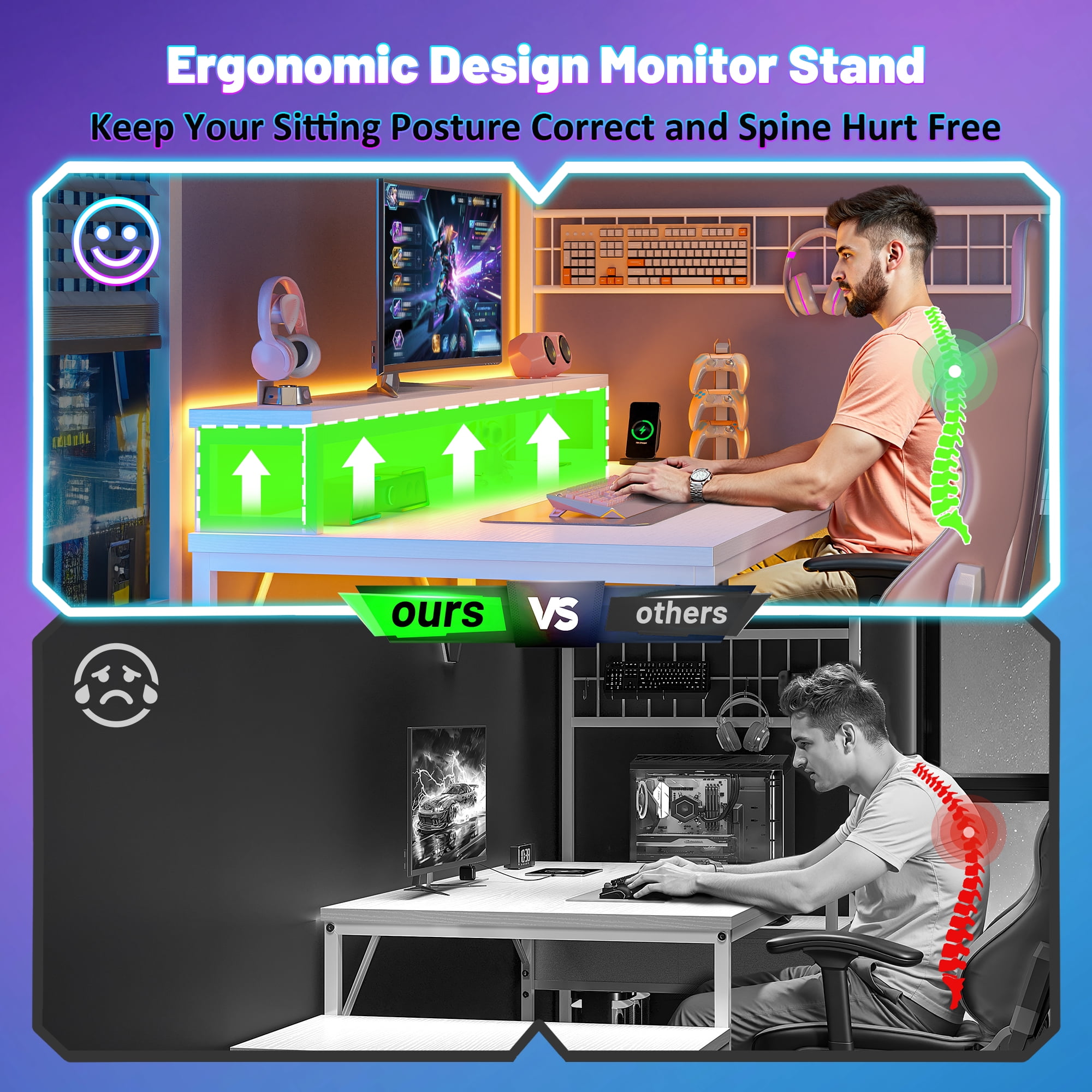 Romorgniz 55.6"W L Shaped Computer Desk with LED Lights & Power Outlets, Gaming Desk with Monitor Stand, Printer Stand & Storage Shelves for Home Office, White