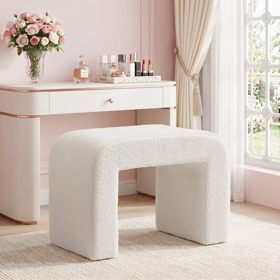 Fnova Modern Vanity Stool Ottoman Chair, Upholstered Foot Rest for Couch, Vanity Bench Shoe Bench for Living Room, Fully Assembled, White