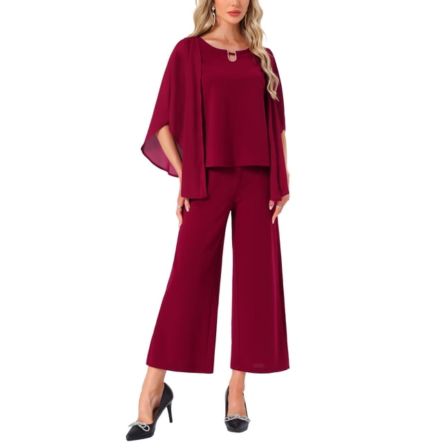Conjunto de 2 piezas para mujer INSPIRE CHIC, elegante blusa de manga de gasa y pantalones de pierna ancha 2XL burdeos