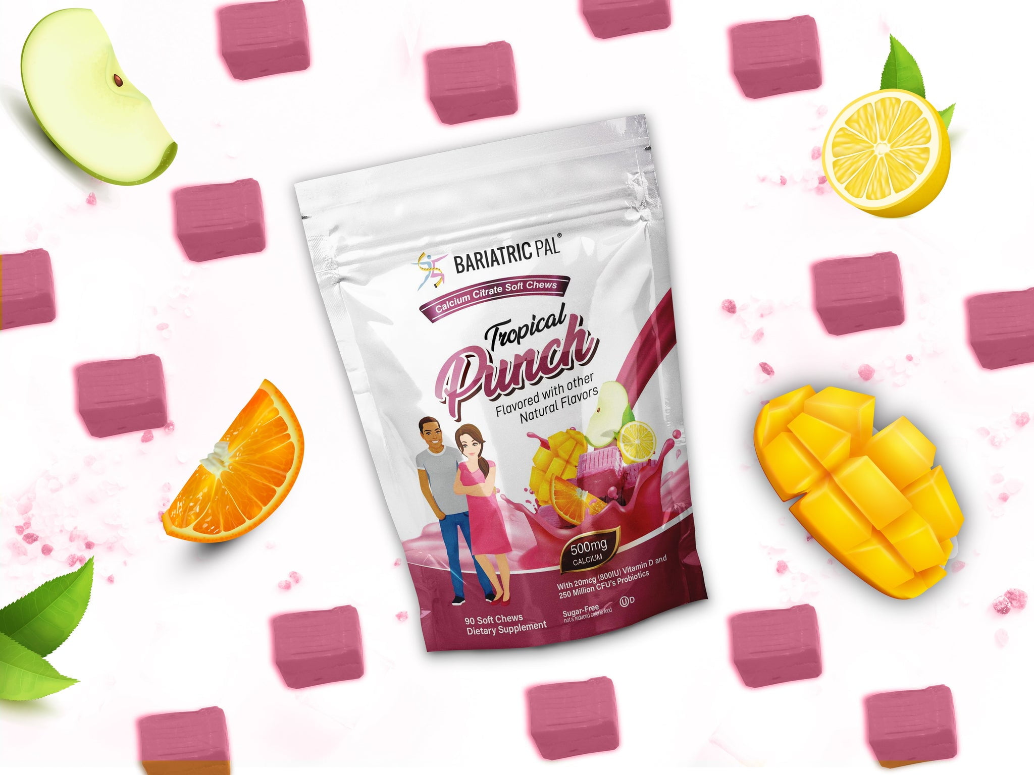 BariatricPal Sugar-Free Calcium Citrate Soft Chews 500mg with Probiotics - Tropical Punch (90ct)