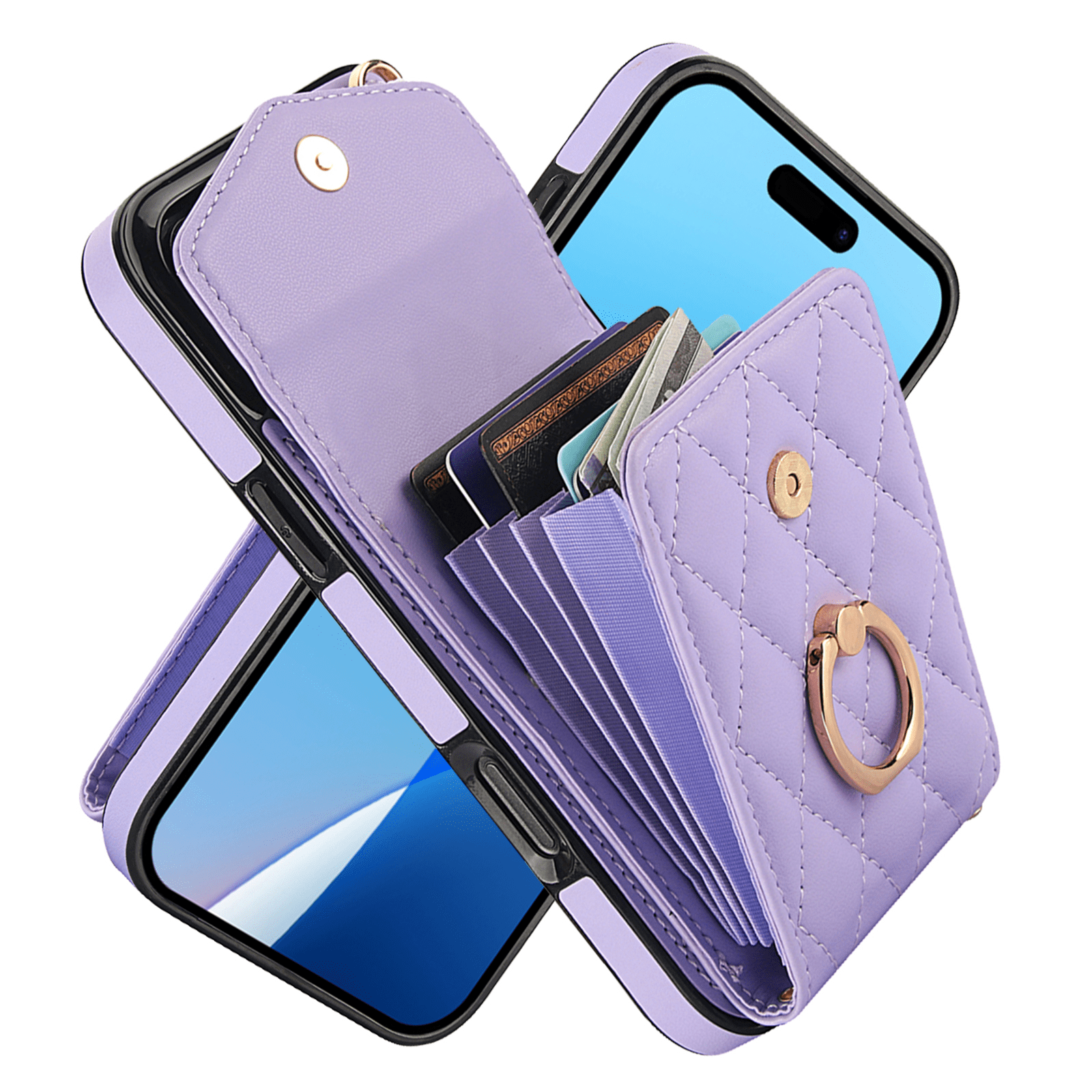 Asuwish Wallet RFID Blocking PU Leather Cell Phone Case with Tempered Glass Screen Protector, Wrist Strap for iPhone 16 Pro Max, Purple