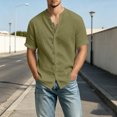 thumbnail image 2 of Gaukiv Men's Shirts Band Collar Short Sleeve Linen Blouses Casual Tops Green 2XL, 2 of 6
