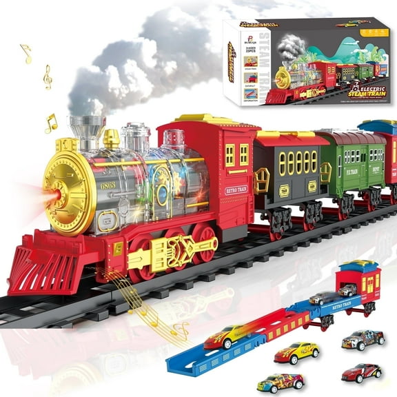 BUBUQE Electric Train Set Christmas Train Toys for Boys with Smokes, Lights and Sound (on/off) Under Christmas Tree for Kids Girls
