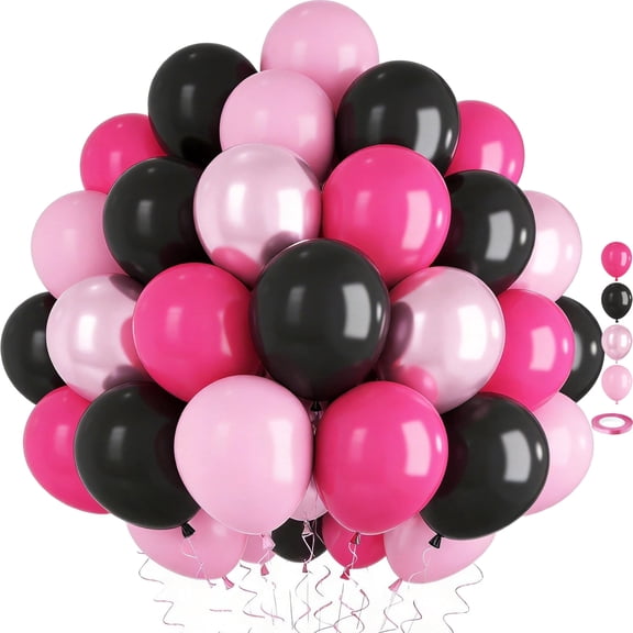 Pink and Black Balloons, 60PCS 12Inch Hot Pink Black Balloon Set, Pastel Light  Metallic Pink Latex Balloons for Girls Women Birthday Bachelorette Baby Shower Party Decorations