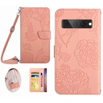 Feishell Crossbody Wallet Cover for Google Pixel 7 Pro,Flower & Butterfly Embossed Pattern PU Leather Magnetic Flip Stand Card Slots Shockproof Phone Case with Shoulder & Wrist Strap,Pink