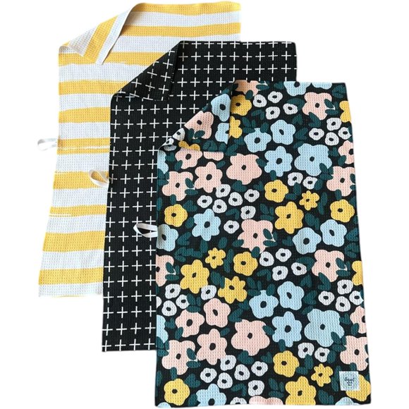 || 3 Pack|| Double Sided || Not Your Ordinary Dish Towels || Waffle Weave Microfiber || Highly Absorbent || Hanging Loop || Dish Cloths || Modern || Designer Prints|| Black and Yellow