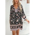 thumbnail image 3 of Boho Floral Print Knotted Neck Stirred Long Sleeves Pleated Waist Dress Black Small, 3 of 5