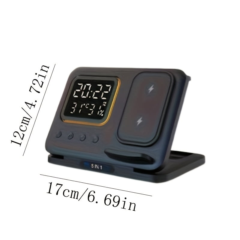 5 in 1 wireless charger, integrating night light, time and temperature display and ambient light, compatible with Apple mobile phones and watches, providing convenient charging.