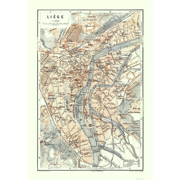 Historic Map - Liege Belgium - Baedeker 1910 - Vintage Wall Art