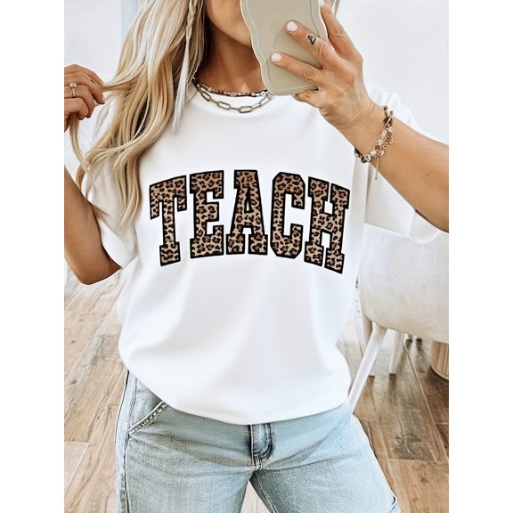 Leopard Print Teach Varsity Letter Graphic Tee, Minimalist Teacher Casual Crewneck Short Sleeve T-Shirt for Women