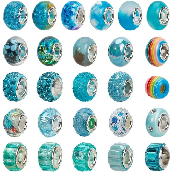 54 Pcs Mixed Style and Colors European Beads, Rhinestone Large Hole Glass European Charms Beads fit Bracelet Jewelry Making