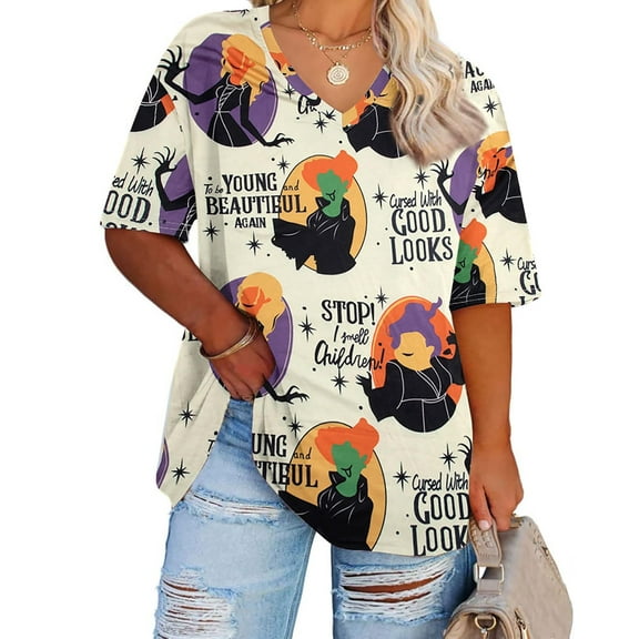 KimSoong Women Plus Size Halloween Shirt Clowns Graphic I Smell Children Letter Print Tees Loose V Neck Short Sleeve Tops