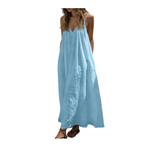 ClodeEU Women's Sleeveless Spaghetti Strap Maxi Dress,Casual Loose Flowy A-Line Beach Dress Light Blue,Women's Plus L