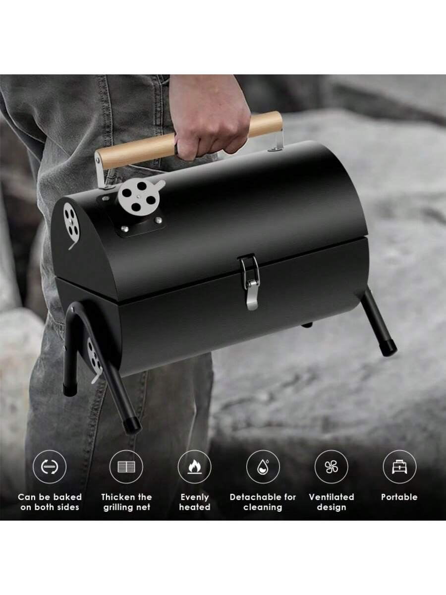 Portable Charcoal Grill and Compact Barrel Smoker, Foldable Double-Sided BBQ Grill for Camping and Tailgating, Stainless Steel with Wood Handle, Black