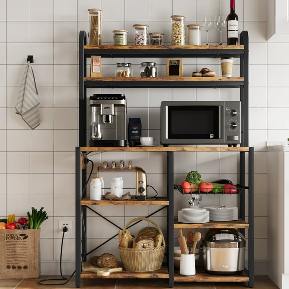 5-Tier Microwave Stand Bakers Rack With Power Outlet Open Storage Shelves Industrial Kitchen Storage Rack w/ Basket Kitchen Cabinet for Dining Living Room,15.7''D x 35.4''W x 59.1''H