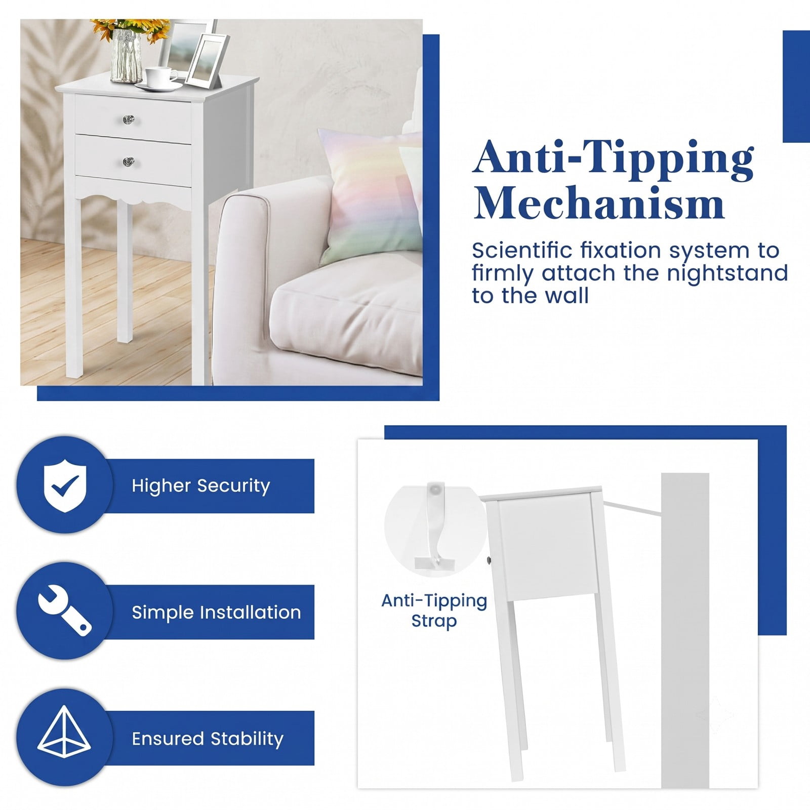 Furnibear 2-Drawer Side Table, Modern MDF End Accent Table with Vintage Metal Handles, High Gloss Nightstand Bedside Storage Table for Living Room Bedroom Dorm, White