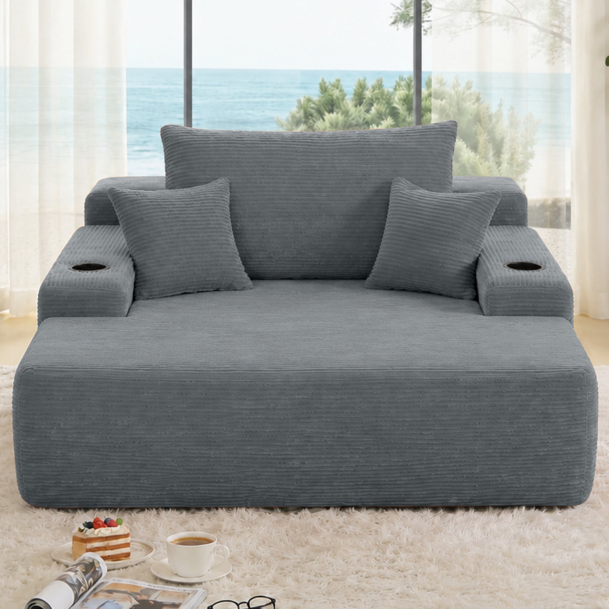 Leumius Boneless Couch, Lounge Chair corduroy with Wide Armrest & Throw Pillows, Cozy Boneless Sleeper Sofa Bed Armchair with Cup Holder for Living Room, Bedroom, No Assembly Required,Grey