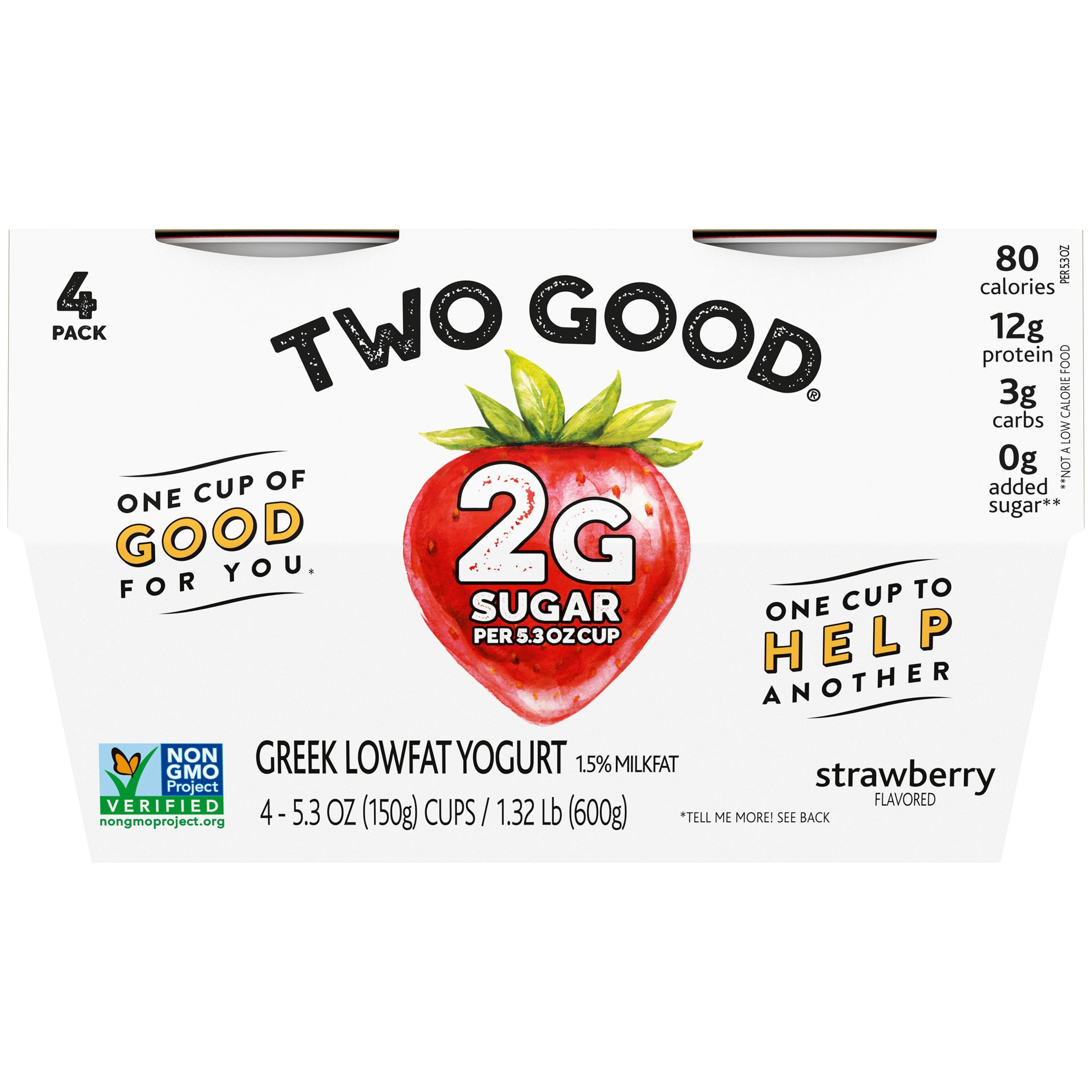 Two Good Strawberry Low Fat Lower Sugar Gluten Free Greek Yogurt, 5.3 Oz. Cups, 4 Count