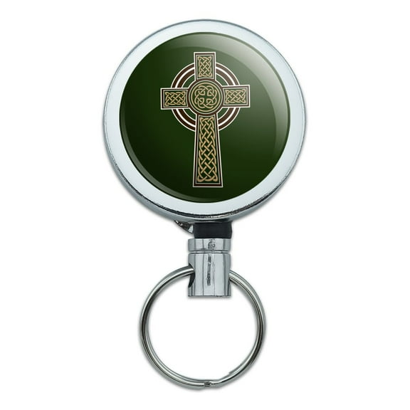 Celtic Christian Cross Irish Ireland Heavy Duty Metal Retractable Reel ID Badge Key Card Tag Holder with Belt Clip