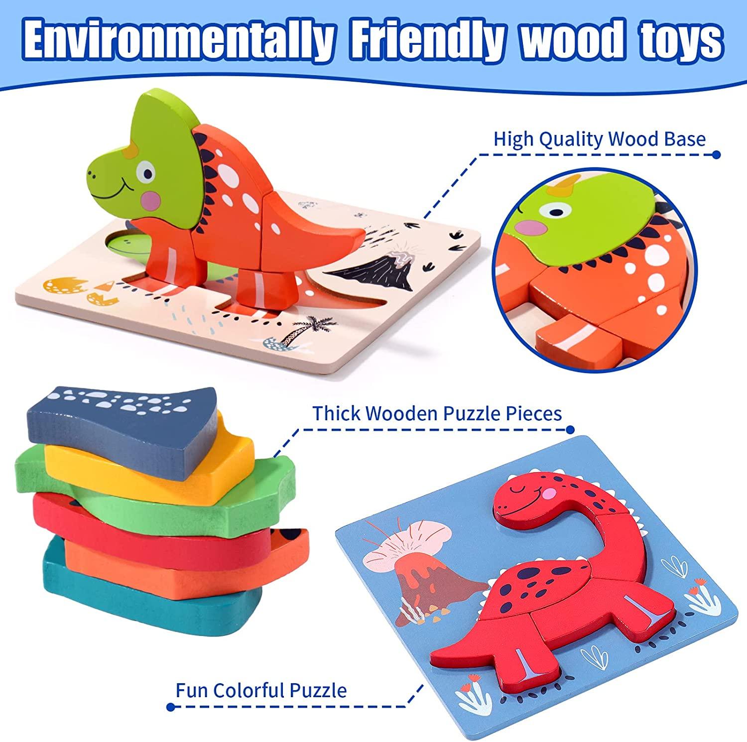 6 Pcs Colorful Dinosaur Shape Wooden Animal Jigsaw Puzzles Baby Educational Toys for Toddler Boys and Girls
