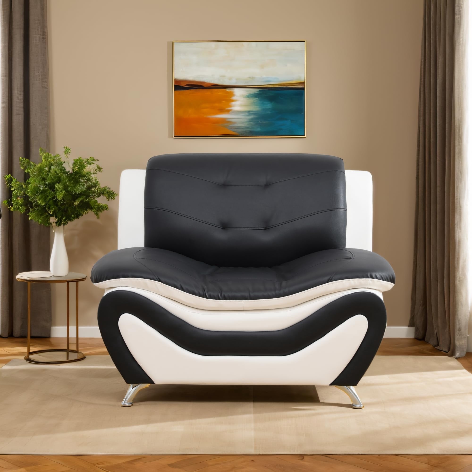 Aukfa 3 Piece Sofa Set - 42" Wide Upholstered Couch Armchair, Leather, Black&White