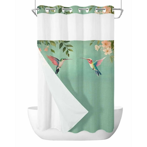 No Hook Shower Curtains with Snap in Liner, Spring Bird Flowers Fabric Shower Curtain, Farmhouse Watercolor Botanical Plant Double Layers & See-Through Top Window Bathroom Curtains 54''x78''