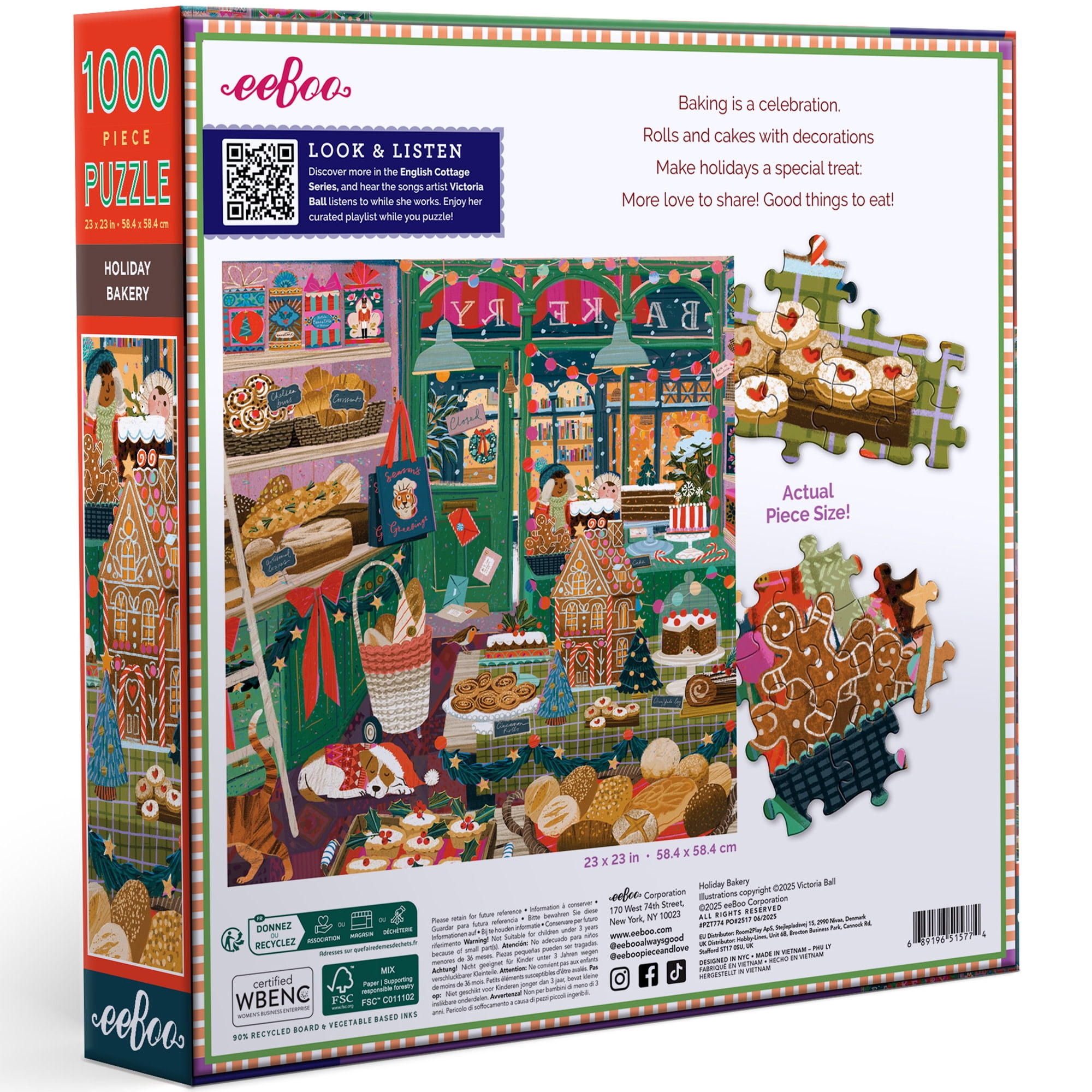 eeBoo Piece & Love: Holiday Bakery - 1000 Piece Puzzle - 23" Square Adult Jigsaw, Victoria Ball’s Cozy English Cottage Bakery Scene, Eco-Friendly