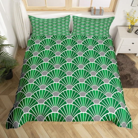 Hawaii Style Duvet Cover for Teens,Ombre Mermaid Tail Bedding Set Queen,Summer Fish Scale Printed Comforter Cover,Geometric Gradient Coastal Shell Bed Sets with 2 Pillow Shams Zipper&Ties,Green Grey