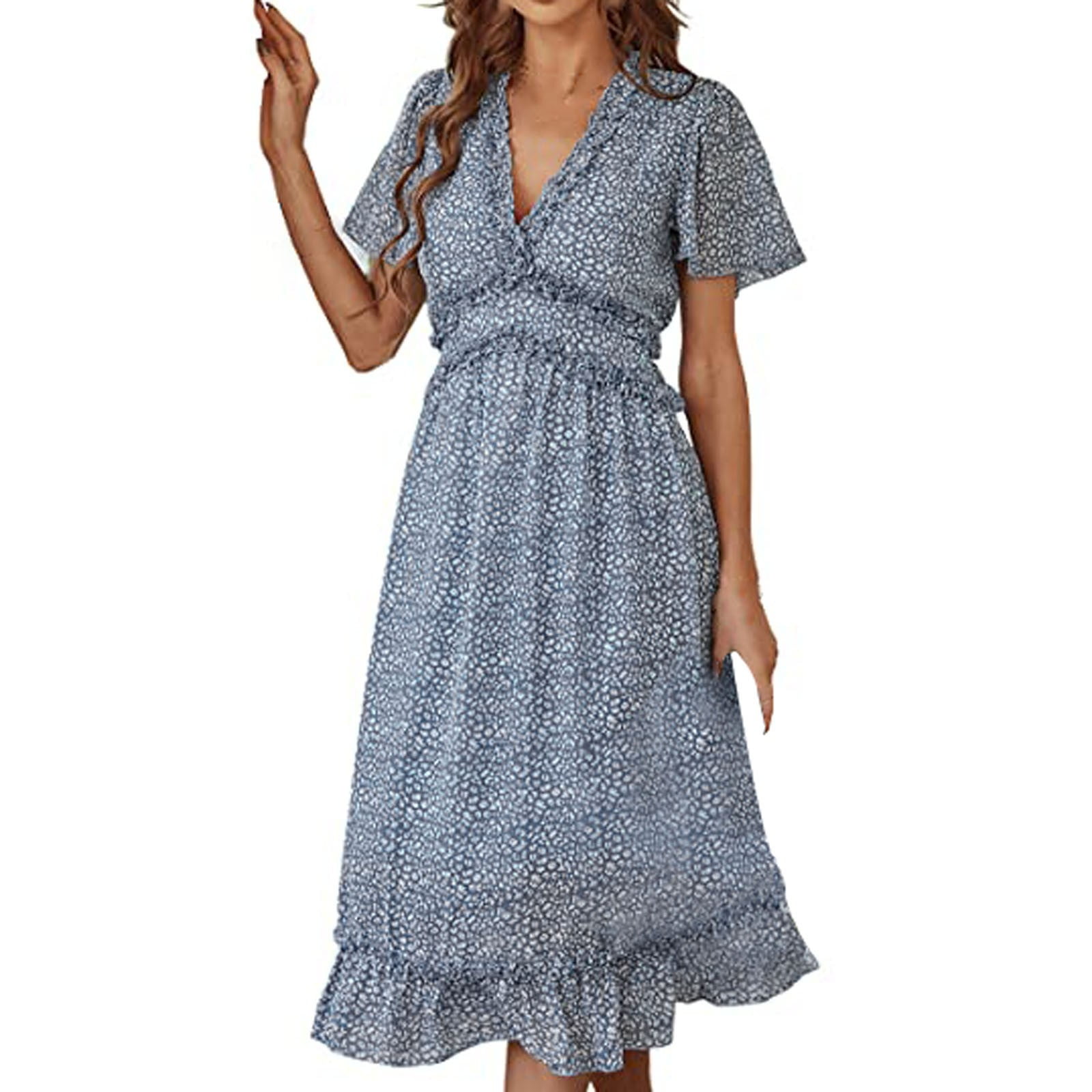 adviicd Built In Shapewear Dress Women's V Neck Floral Printed Side Slit  Two-Piece Maxi Dress Blue M 