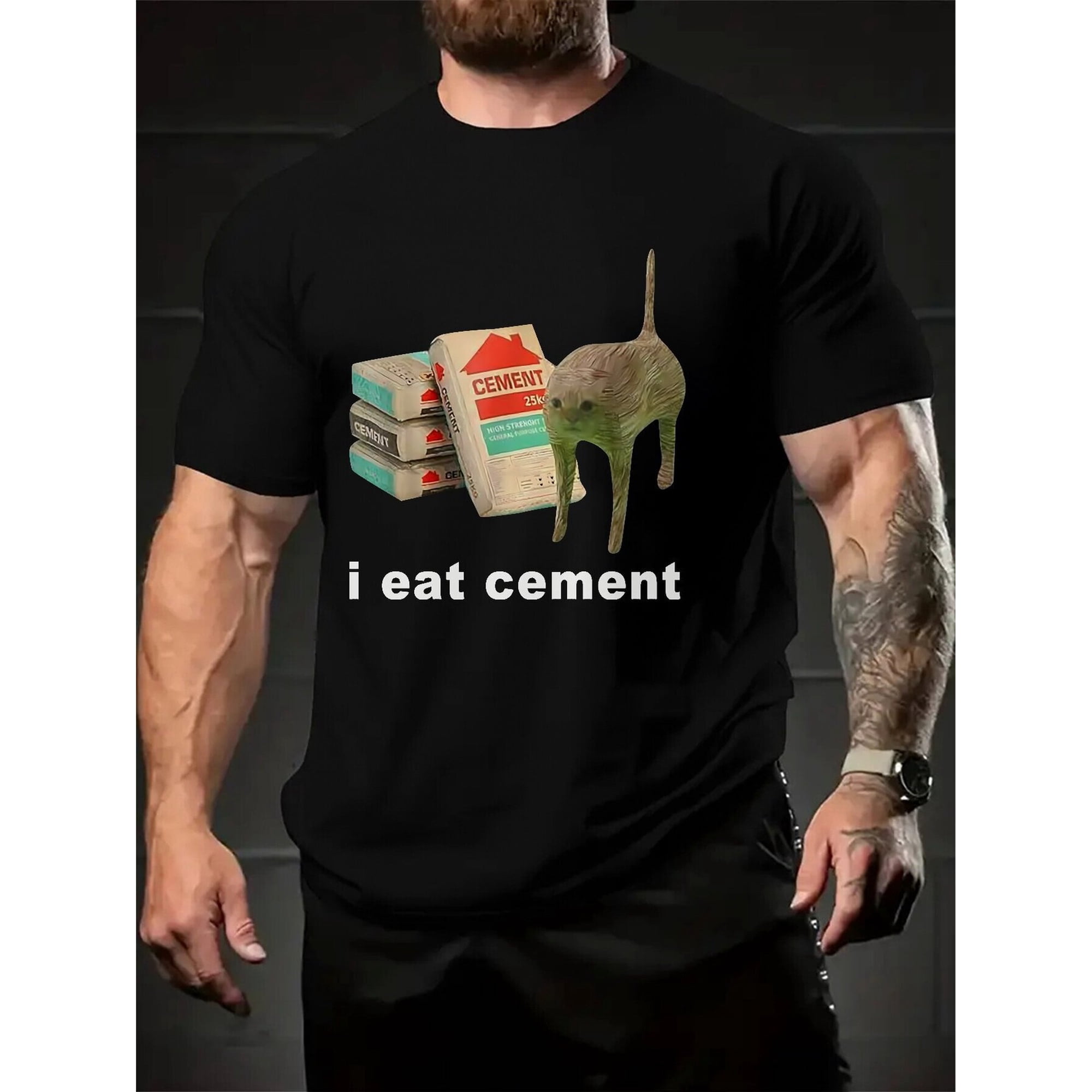 I Eat Cement Funny Cat Meme Shirt Mens Graphic Humor Black T-Shirt