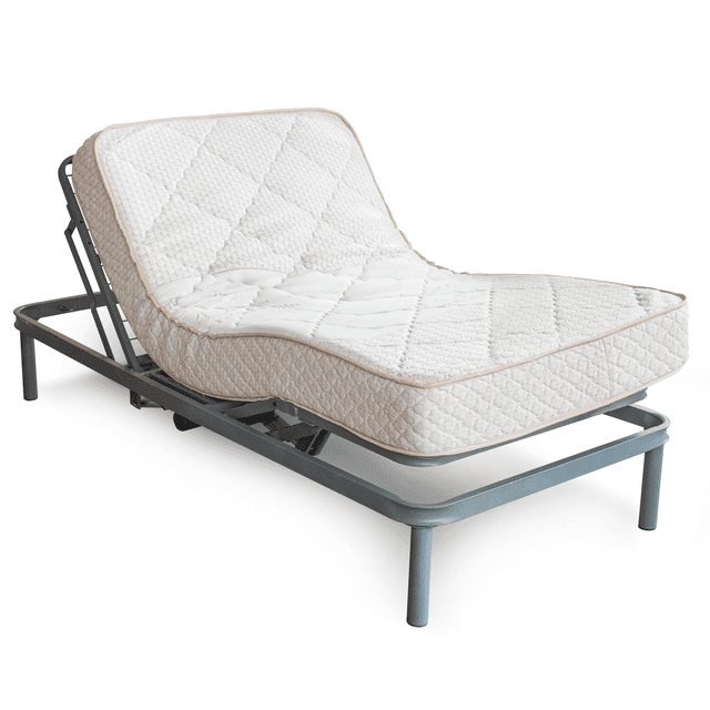 cama eléctrica ajustable primo con colchón individual gris/beige, vista 3/4 frontal sobre somier metálico; colchón individual con pillow top capitonado en tela jacquard stretch, acolchado en patrón rombo y borde beige, firmeza media; base con marco metálico y motores eléctricos duales para elevar cabeza y pie y control remoto simple; capa de malla con cables funciona como somier y se desliza en la mayoría de marcos existentes; adecuada para ajustar posiciones de descanso.