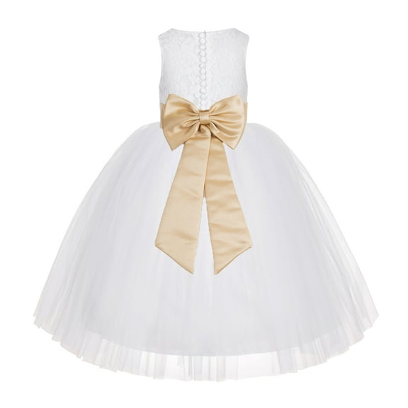 Ekidsbridal Girl Communion Dress - Floral Lace White Tutu with Bow Sash LG7noFT-A (Size: M-10)