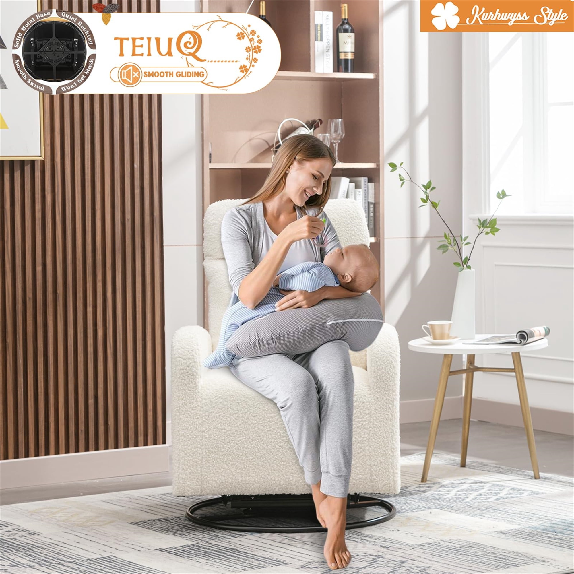 Aukfa Swivel Glider Chair for Nursery, Modern High Back Rocker Chair w/ Storage, Teddy Fabric, White