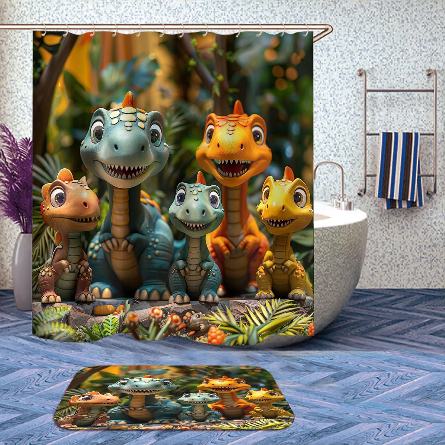 4 Pcs Dinosaur Bathroom Shower Curtain Set with Rug, Toilet Lid Cover and Bath Mat, Jurassic Nature Dinosaurs Anicient Animals Bathroom Shower Curtain with 12 Hooks Accessories Decorative