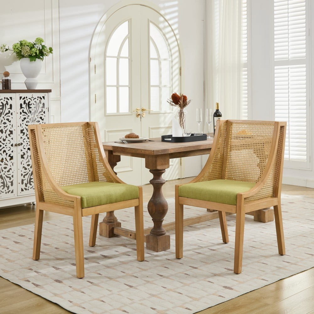 Rattan Dining Chair with Arms, Solid Wood Frame, Linen Upholstered Seat, Rustic Farmhouse Side Chair for Kitchen, Dining Room, Living Room, Olive Green