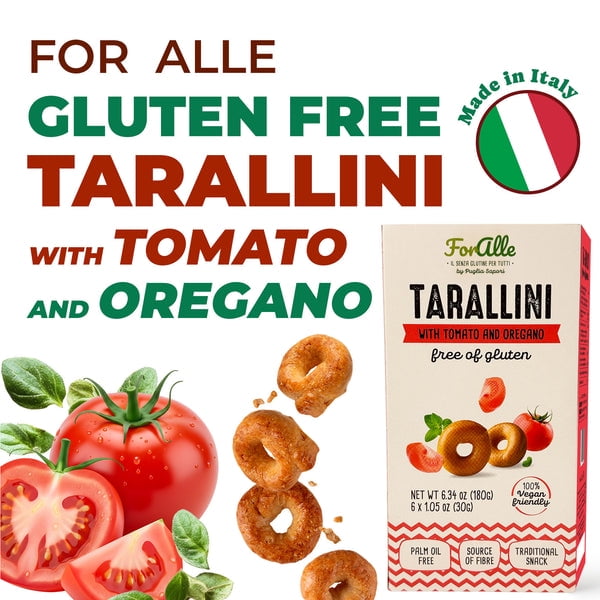 For Alle Gluten Free Tarallini with Tomato and Oregano, 6x1.05 oz (6.34 oz) – Traditional Italian Pugliese Snack. Oven-Baked. Vegan. Cholesterol-Free. (Pack of 2)