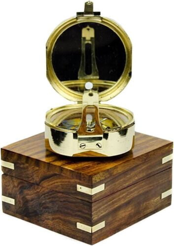 Premium Nautical Brass Brunton Compass With Decorative Wooden Case | Wood