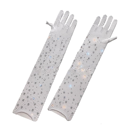 Giaone 1 Pair Mesh Full Finger Long Arm Sleeves Rhinestones Gloves for