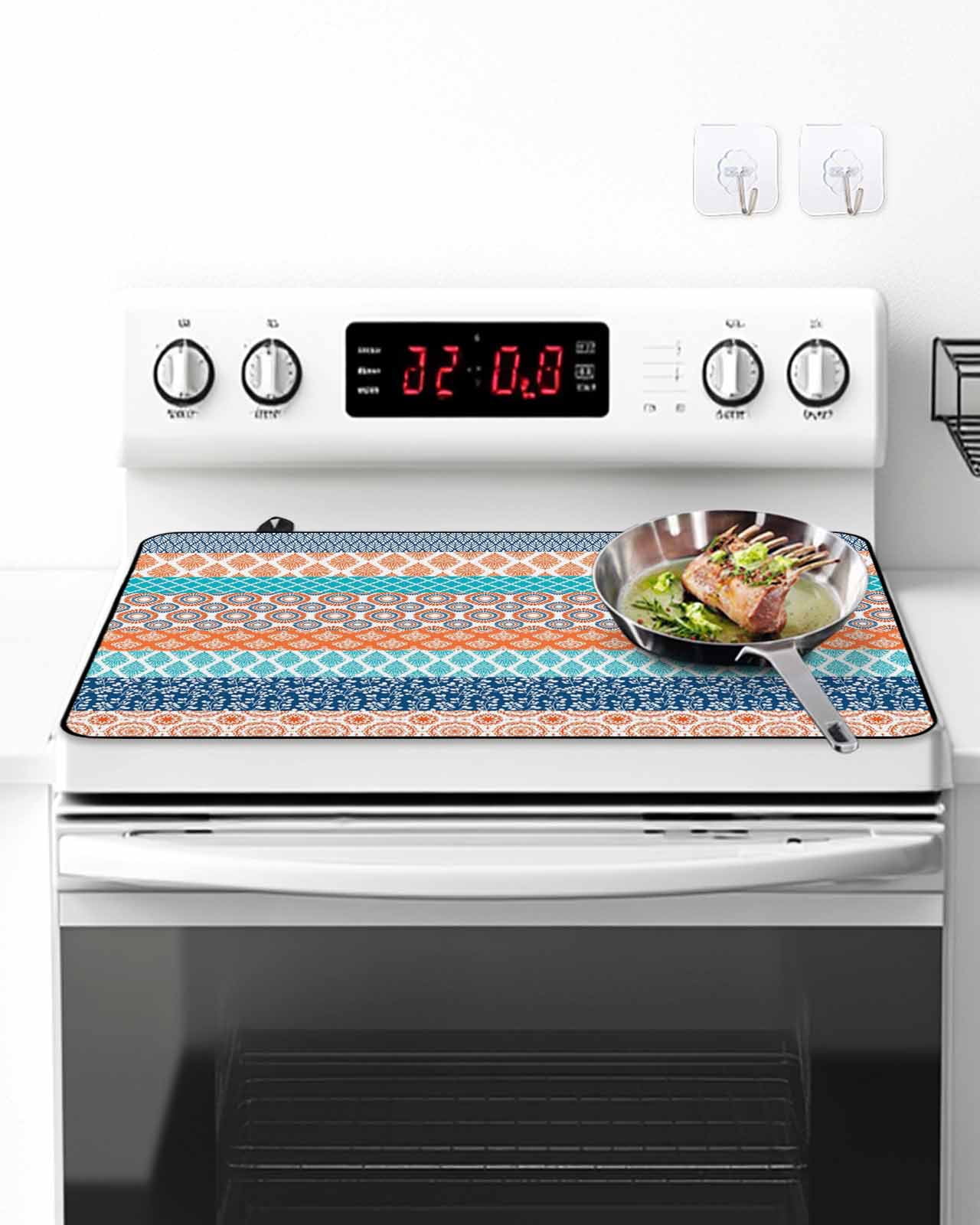 Stove Top Covers for Electric Stove, Teal Orange Striped Glass Stovetop Cover Protector, Boho Modern Geometric Abstract Art Induction Cooktop Protector Oven Mat for Kitchen Countertop 24"x21"