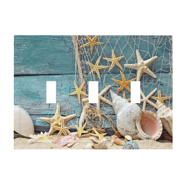 Placa de interruptor de luz de 3 bandas de madera náutica de estrella de mar de mar de mar de mar, cubierta decorativa de placa de pared de triple palanca, placa frontal eléctrica para baño, hogar, sa