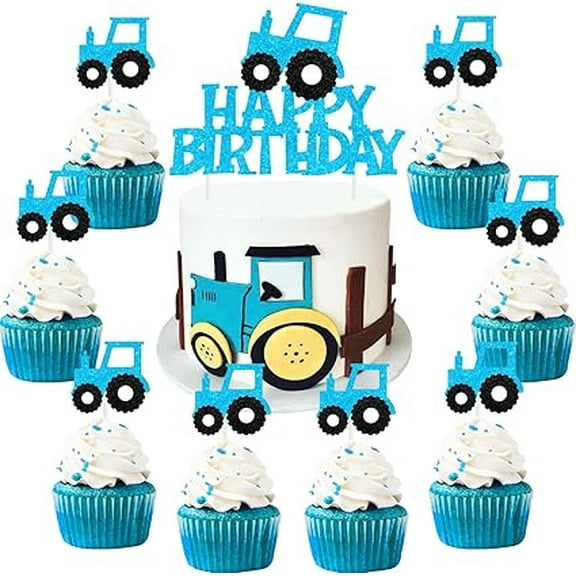 Tractor Cake Topper Blue for Boys, 12 PCS Tractor Cupcake Toppers, Tractor Cake Decorations Age 2 3, Tractor Themed Birthday Party Supplies
